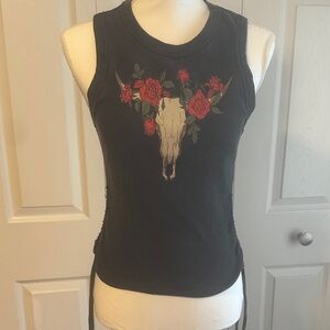 No Boundaries Black Ribbed Tank with Floral Skull Graphic